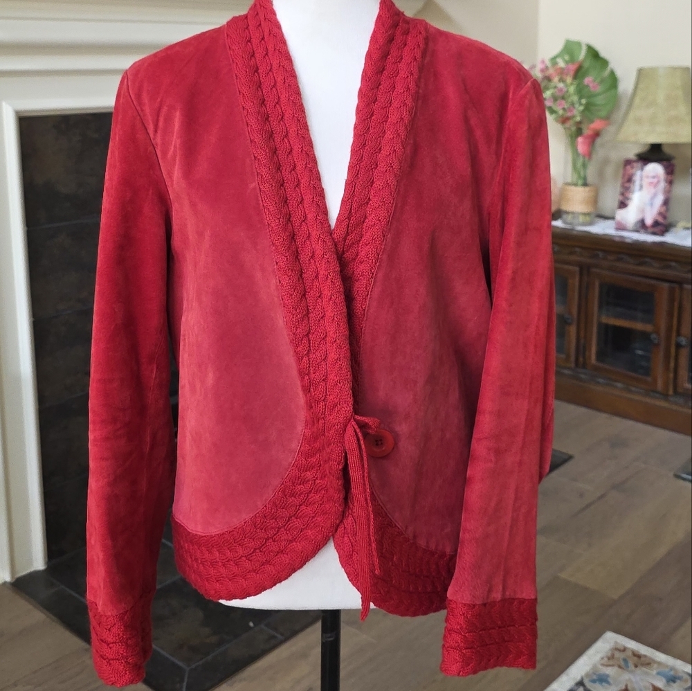 Coldwater Creek Red Suede Leather Cable Knit Jacket Size Large L - Picture 12 of 16
